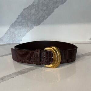 Brown Lizard-Texture Belt with Gold Crescent Buckle